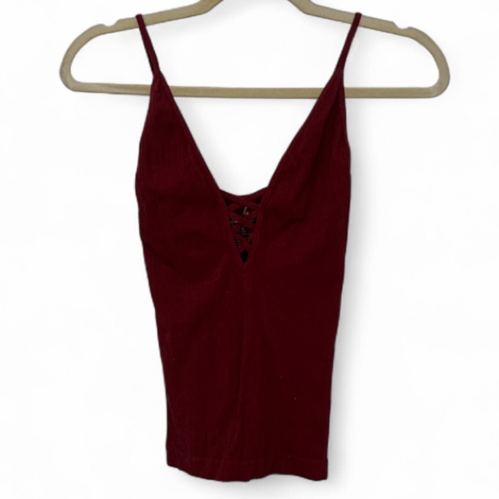 Free People Wine Red Ribbed Lace-Up Tank Top
